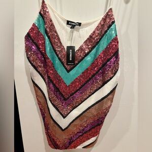 Express NEW White Tank With Multicolor Sequins Womens Size Large